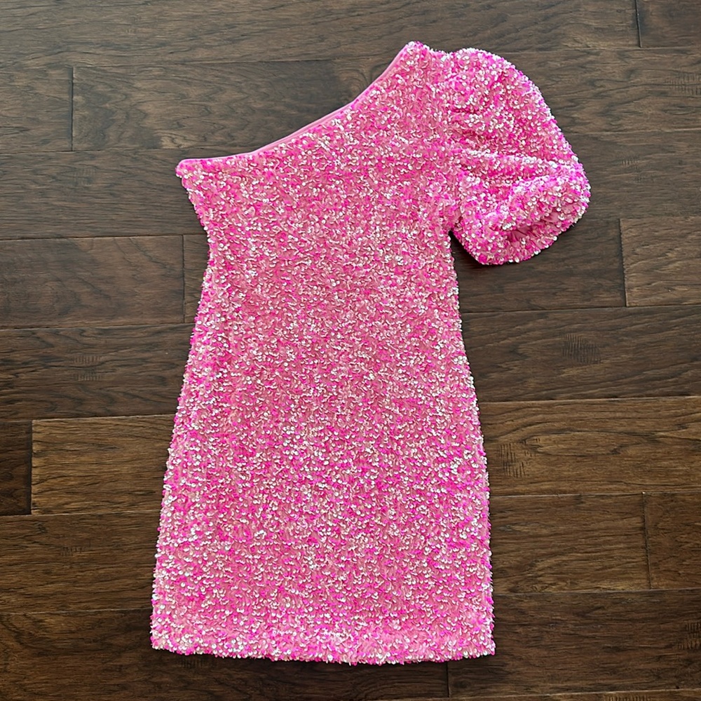 NWT Esther & Co Hot Pink Sequin One Shoulder Puff Sleeve Formal Dress 8